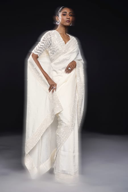 Shop Ashutosh Joshi Ivory Silk, Net, Crepe Embroidery, Sequins, Beads V-neck Shuchi Hand Saree Set at Aza Fashions Shop_Ashutosh Joshi_Ivory Silk, Net, Crepe Embroidery, Sequins, Beads V-neck Shuchi Hand Saree Set _at_Aza_Fashions