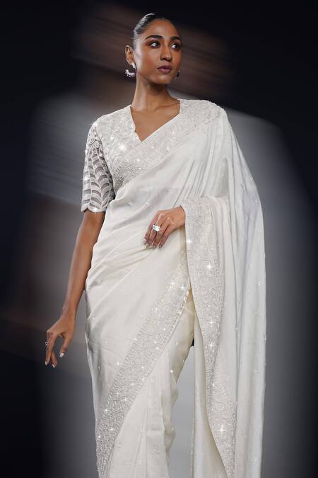 Ashutosh Joshi Ivory Silk, Net, Crepe Embroidery, Sequins, Beads V-neck Shuchi Hand Saree Set Online at Aza Fashions Ashutosh Joshi_Ivory Silk, Net, Crepe Embroidery, Sequins, Beads V-neck Shuchi Hand Saree Set _Online_at_Aza_Fashions