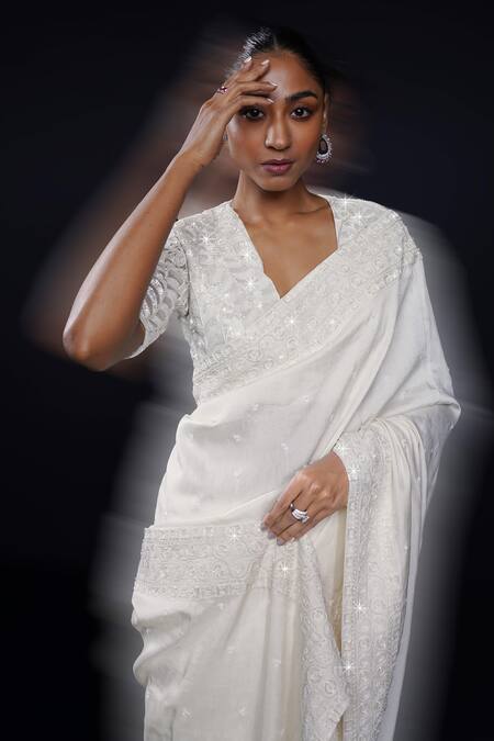 Buy Ashutosh Joshi Ivory Silk, Net, Crepe Embroidery, Sequins, Beads V-neck Shuchi Hand Saree Set Online at Aza Fashions Buy_Ashutosh Joshi_Ivory Silk, Net, Crepe Embroidery, Sequins, Beads V-neck Shuchi Hand Saree Set _Online_at_Aza_Fashions