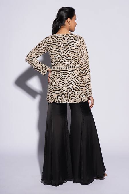 Shop_Ashutosh Joshi_Black Net, Crepe, Bamboo Embroidery Raya Hand Sharara Set With Waist Belt _at_Aza_Fashions