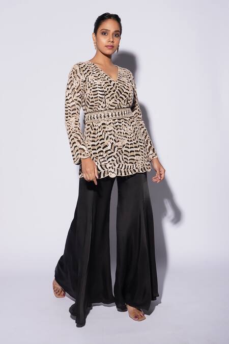 Buy_Ashutosh Joshi_Black Net, Crepe, Bamboo Embroidery Raya Hand Sharara Set With Waist Belt _Online_at_Aza_Fashions