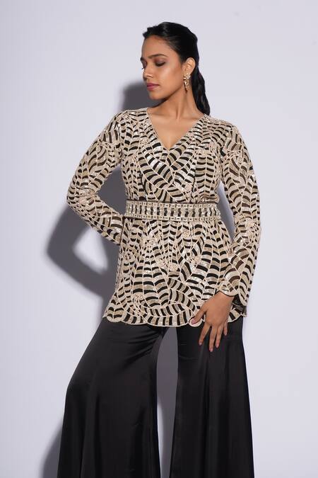 Shop_Ashutosh Joshi_Black Net, Crepe, Bamboo Embroidery Raya Hand Sharara Set With Waist Belt _Online_at_Aza_Fashions