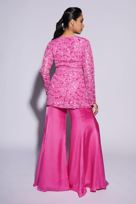 Shop_Ashutosh Joshi_Pink Net, Crepe, Bamboo, Brocade, Silk Umi Hand Sharara Set With Waist Belt _at_Aza_Fashions