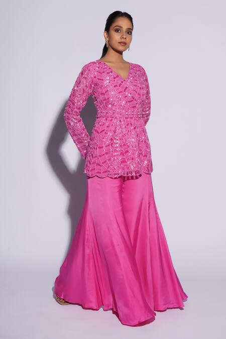 Buy_Ashutosh Joshi_Pink Net, Crepe, Bamboo, Brocade, Silk Umi Hand Sharara Set With Waist Belt _Online_at_Aza_Fashions