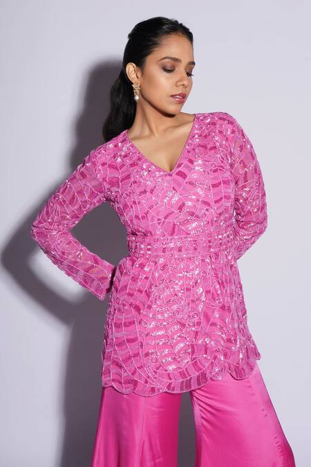 Shop_Ashutosh Joshi_Pink Net, Crepe, Bamboo, Brocade, Silk Umi Hand Sharara Set With Waist Belt _Online_at_Aza_Fashions