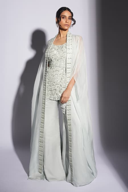 Shop_Ashutosh Joshi_Blue Organza, Net, Crepe Embroidery Round Neck Nayah Hand Sharara Set With Cape _at_Aza_Fashions