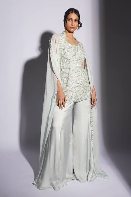 Ashutosh Joshi_Blue Organza, Net, Crepe Embroidery Round Neck Nayah Hand Sharara Set With Cape _Online_at_Aza_Fashions