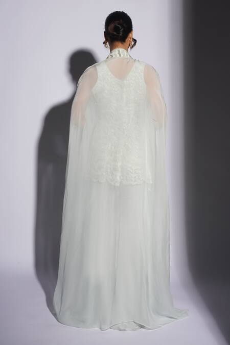 Ashutosh Joshi_Blue Organza, Net, Crepe Embroidery Round Neck Nayah Hand Sharara Set With Cape _at_Aza_Fashions