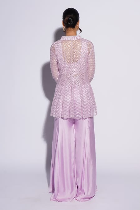 Shop_Ashutosh Joshi_Purple Net, Crepe Embroidery Bandeau Neck, Kynaah Hand Sharara Set With Cape _at_Aza_Fashions
