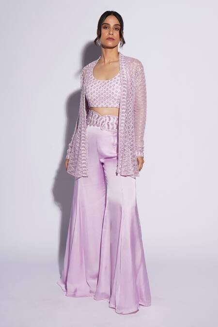 Ashutosh Joshi_Purple Net, Crepe Embroidery Bandeau Neck, Kynaah Hand Sharara Set With Cape _Online_at_Aza_Fashions