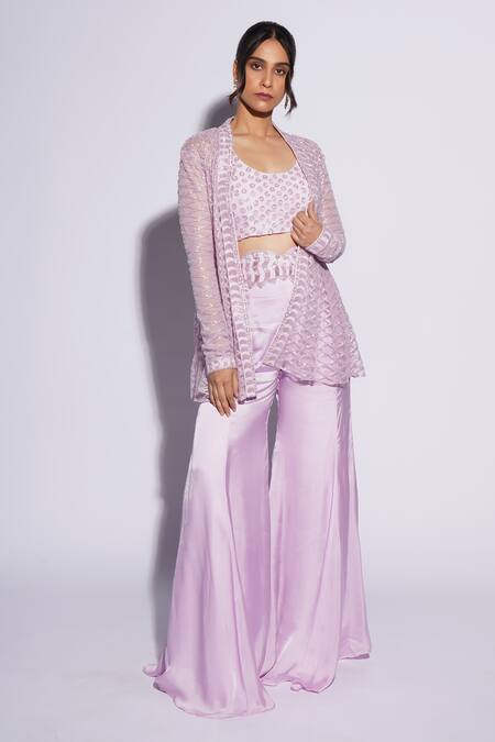 Shop_Ashutosh Joshi_Purple Net, Crepe Embroidery Bandeau Neck, Kynaah Hand Sharara Set With Cape _Online_at_Aza_Fashions