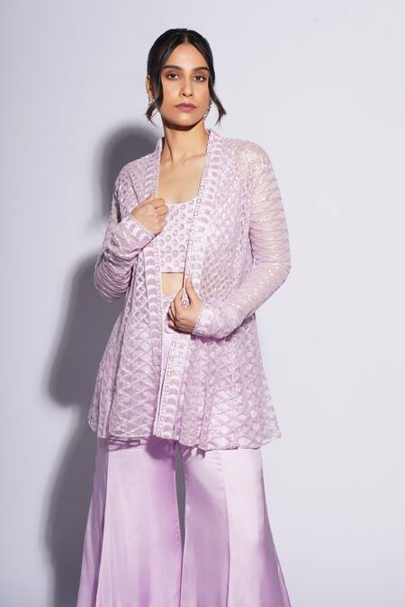 Ashutosh Joshi_Purple Net, Crepe Embroidery Bandeau Neck, Kynaah Hand Sharara Set With Cape _at_Aza_Fashions