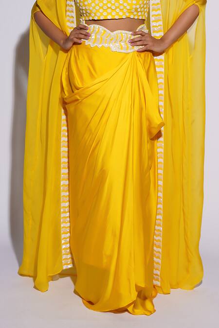 Ashutosh Joshi_Yellow Net, Crepe Embroidery Round Neck Sufi Hand Sharara Set With Cape _Online_at_Aza_Fashions