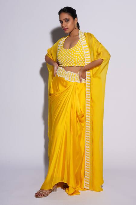 Buy_Ashutosh Joshi_Yellow Net, Crepe Embroidery Round Neck Sufi Hand Sharara Set With Cape _Online_at_Aza_Fashions