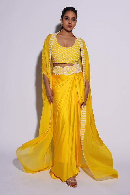 Shop_Ashutosh Joshi_Yellow Net, Crepe Embroidery Round Neck Sufi Hand Sharara Set With Cape _Online_at_Aza_Fashions