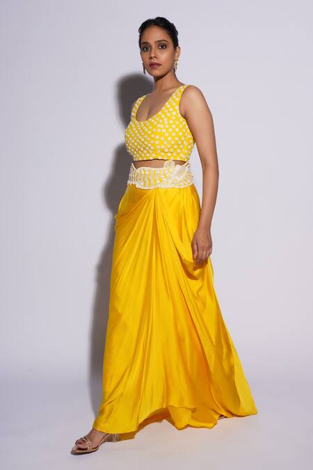 Ashutosh Joshi_Yellow Net, Crepe Embroidery Round Neck Sufi Hand Sharara Set With Cape _at_Aza_Fashions