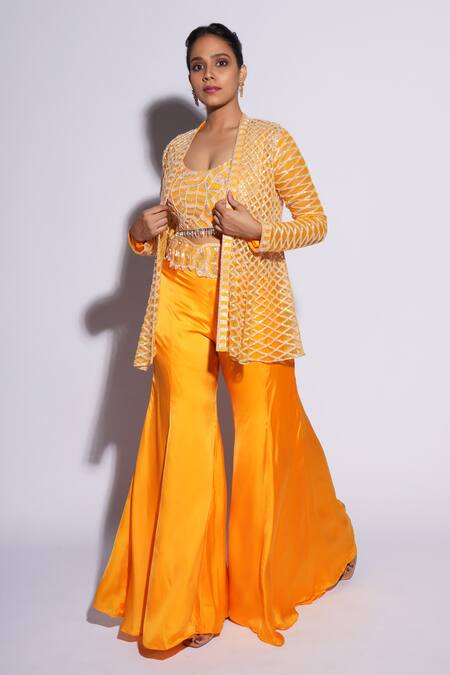 Ashutosh Joshi_Orange Net, Crepe, Bamboo Diamonds, Rufat Hand Sharara Set With Cape _Online_at_Aza_Fashions
