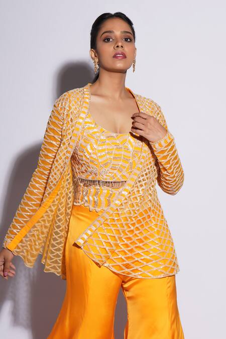 Shop_Ashutosh Joshi_Orange Net, Crepe, Bamboo Diamonds, Rufat Hand Sharara Set With Cape _Online_at_Aza_Fashions