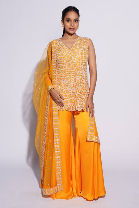 Ashutosh Joshi_Orange Net, Crepe, Bamboo Embroidery V-neck Sai Hand Kurta Sharara Set _Online_at_Aza_Fashions