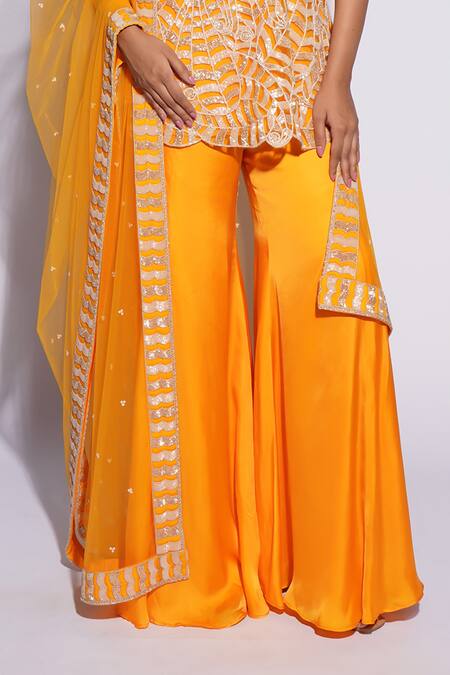 Buy Ashutosh Joshi Orange Net, Crepe, Bamboo Embroidery V-neck Sai Hand Kurta Sharara Set Online at Aza Fashions Buy_Ashutosh Joshi_Orange Net, Crepe, Bamboo Embroidery V-neck Sai Hand Kurta Sharara Set _Online_at_Aza_Fashions