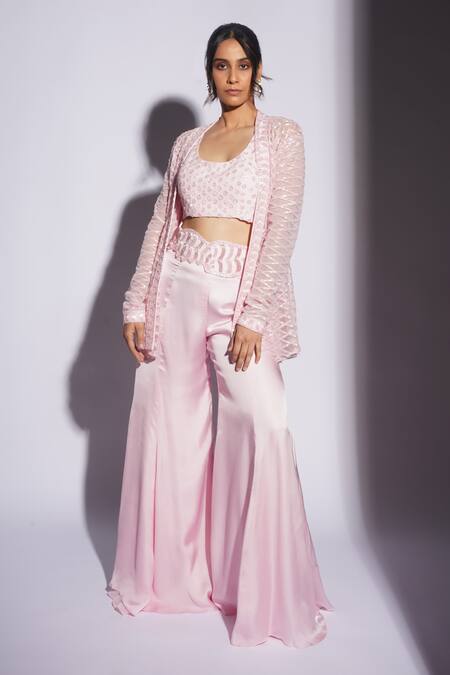 Ashutosh Joshi_Pink Net, Crepe, Bamboo Beads, Embroidery Round Kiya Hand Kurta Sharara Set _Online_at_Aza_Fashions