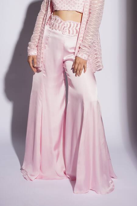 Buy_Ashutosh Joshi_Pink Net, Crepe, Bamboo Beads, Embroidery Round Kiya Hand Kurta Sharara Set _Online_at_Aza_Fashions