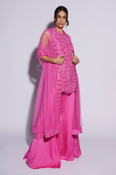 Ashutosh Joshi_Pink Net, Crepe, Bamboo Embroidery, Sequins Round Hanif Hand Kurta Sharara Set _Online_at_Aza_Fashions