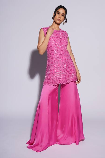 Buy_Ashutosh Joshi_Pink Net, Crepe, Bamboo Embroidery, Sequins Round Hanif Hand Kurta Sharara Set _Online_at_Aza_Fashions