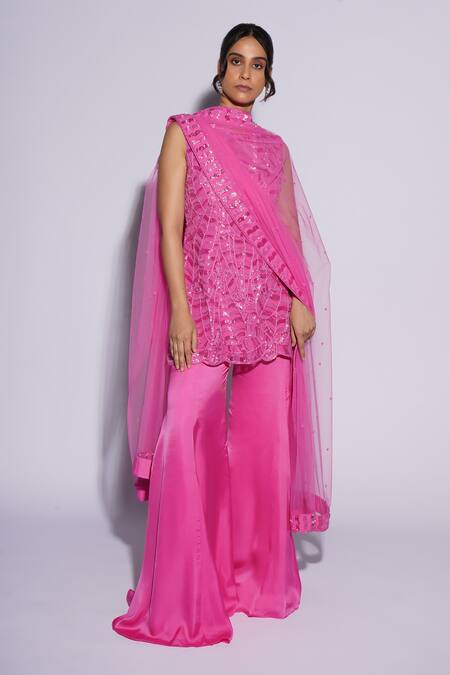 Shop_Ashutosh Joshi_Pink Net, Crepe, Bamboo Embroidery, Sequins Round Hanif Hand Kurta Sharara Set _Online_at_Aza_Fashions