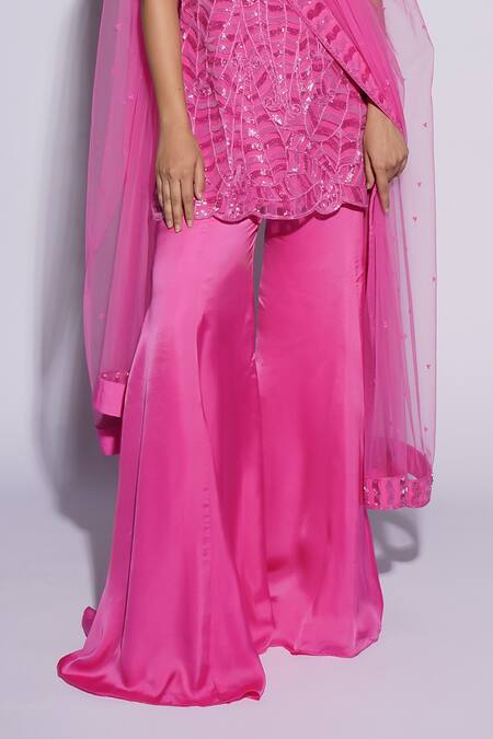 Ashutosh Joshi_Pink Net, Crepe, Bamboo Embroidery, Sequins Round Hanif Hand Kurta Sharara Set _at_Aza_Fashions