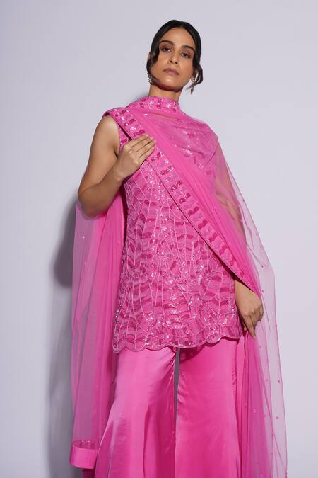 Buy_Ashutosh Joshi_Pink Net, Crepe, Bamboo Embroidery, Sequins Round Hanif Hand Kurta Sharara Set 