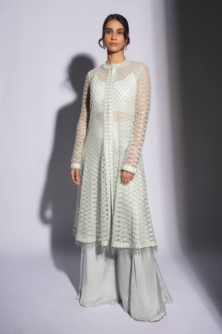 Ashutosh Joshi_Blue Net, Crepe, Bamboo Tassels Yanin Hand Embroidered Anarkali Sharara Set _Online_at_Aza_Fashions