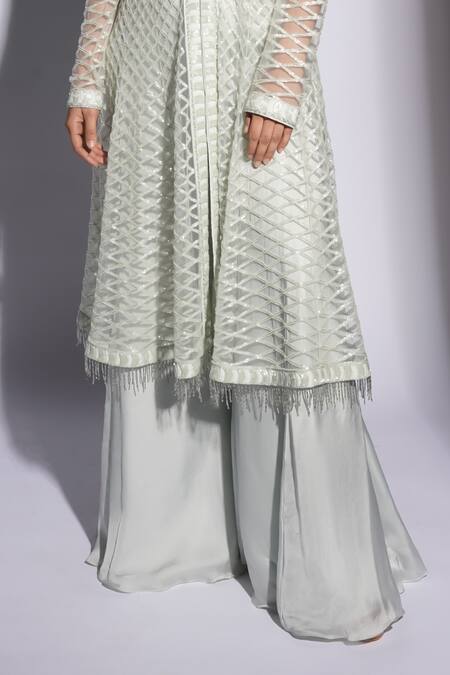 Buy_Ashutosh Joshi_Blue Net, Crepe, Bamboo Tassels Yanin Hand Embroidered Anarkali Sharara Set _Online_at_Aza_Fashions