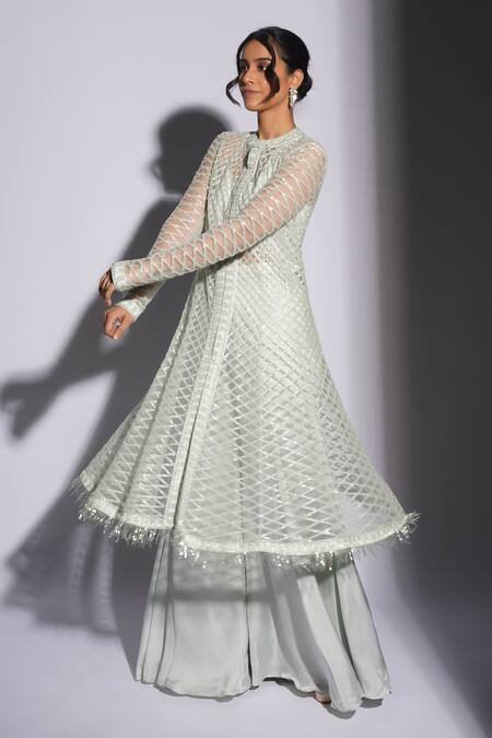 Shop_Ashutosh Joshi_Blue Net, Crepe, Bamboo Tassels Yanin Hand Embroidered Anarkali Sharara Set _Online_at_Aza_Fashions