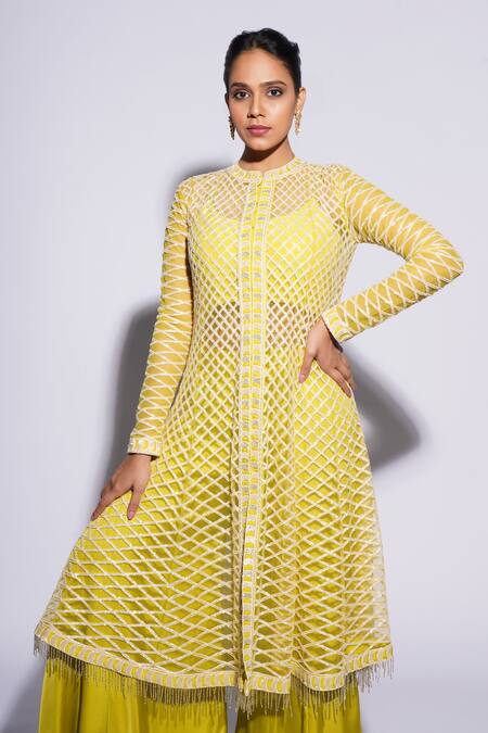 Ashutosh Joshi_Green Net, Crepe, Bamboo, Satin Tassels, Esas Hand Anarkali Sharara Set _Online_at_Aza_Fashions