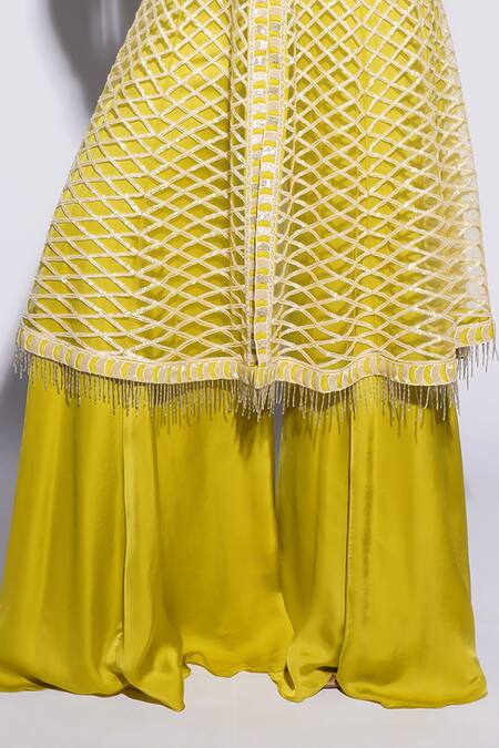 Buy_Ashutosh Joshi_Green Net, Crepe, Bamboo, Satin Tassels, Esas Hand Anarkali Sharara Set _Online_at_Aza_Fashions