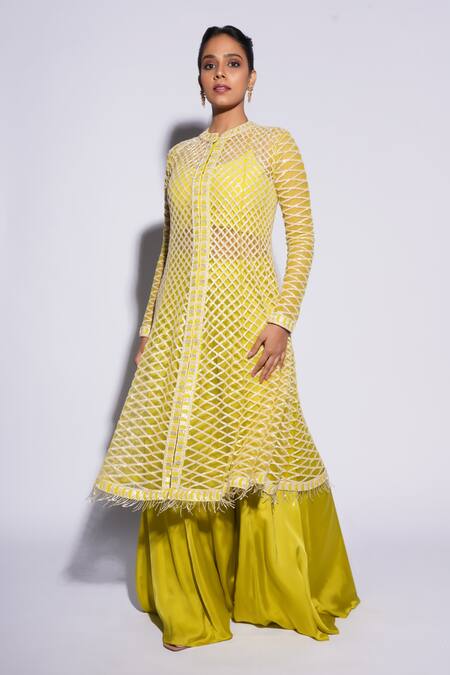 Shop_Ashutosh Joshi_Green Net, Crepe, Bamboo, Satin Tassels, Esas Hand Anarkali Sharara Set _Online_at_Aza_Fashions