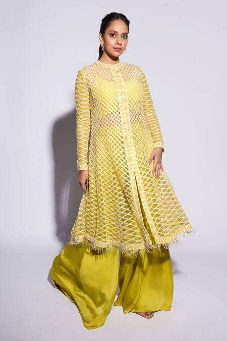 Ashutosh Joshi_Green Net, Crepe, Bamboo, Satin Tassels, Esas Hand Anarkali Sharara Set _at_Aza_Fashions