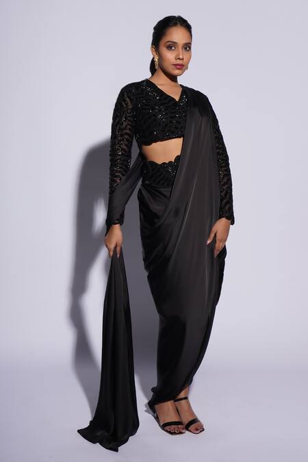 Buy_Ashutosh Joshi_Black Net, Crepe Diamonds, Embroidery V-neck Rayaaa Hand Pre-draped Saree Set _Online_at_Aza_Fashions