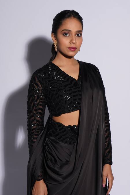 Shop_Ashutosh Joshi_Black Net, Crepe Diamonds, Embroidery V-neck Rayaaa Hand Pre-draped Saree Set _Online_at_Aza_Fashions