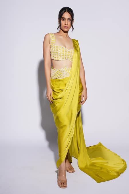 Buy_Ashutosh Joshi_Green Net, Crepe Embroidery Sweetheart Neck Ilia Hand Pre-draped Saree Set _Online_at_Aza_Fashions