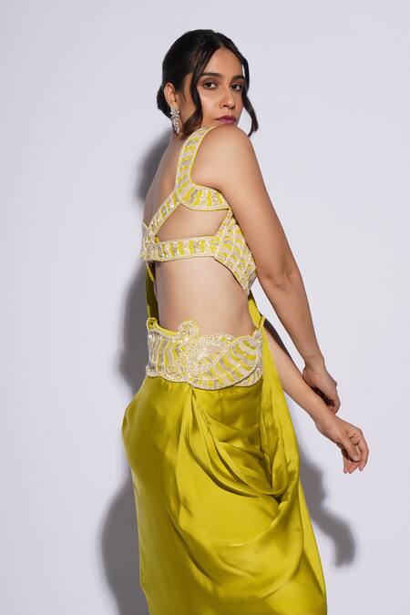 Ashutosh Joshi_Green Net, Crepe Embroidery Sweetheart Neck Ilia Hand Pre-draped Saree Set _at_Aza_Fashions