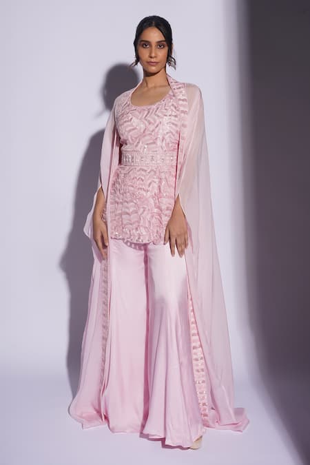Ashutosh Joshi_Pink Net, Crepe, Bamboo Embroidery Round Nayakaa Hand Sharara Set With Cape _Online_at_Aza_Fashions