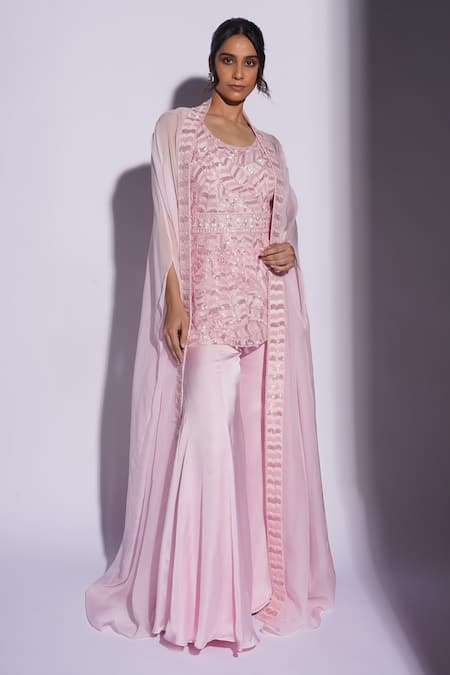 Buy_Ashutosh Joshi_Pink Net, Crepe, Bamboo Embroidery Round Nayakaa Hand Sharara Set With Cape _Online_at_Aza_Fashions