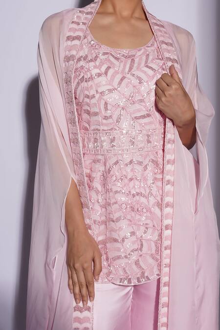 Ashutosh Joshi_Pink Net, Crepe, Bamboo Embroidery Round Nayakaa Hand Sharara Set With Cape _at_Aza_Fashions