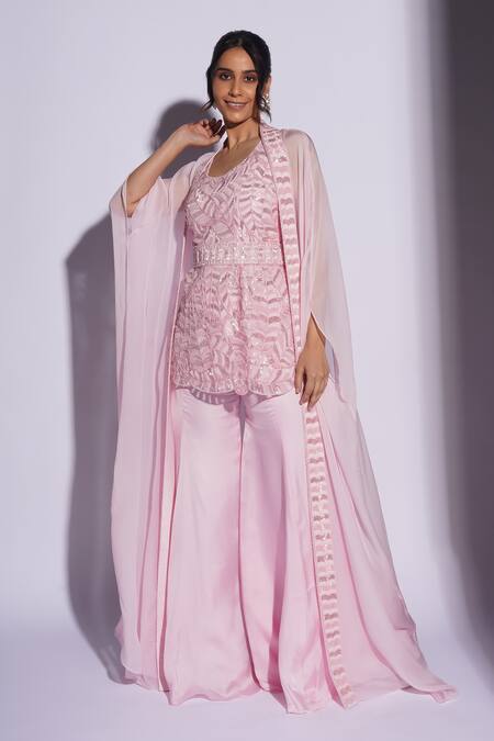 Buy_Ashutosh Joshi_Pink Net, Crepe, Bamboo Embroidery Round Nayakaa Hand Sharara Set With Cape 