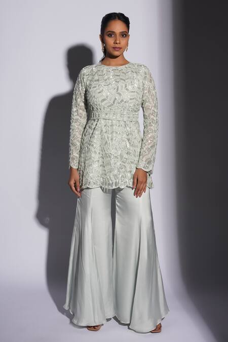 Ashutosh Joshi_Blue Net, Crepe, Bamboo Embroidery Round Sani Hand Sharara Set With Waist Belt _Online_at_Aza_Fashions