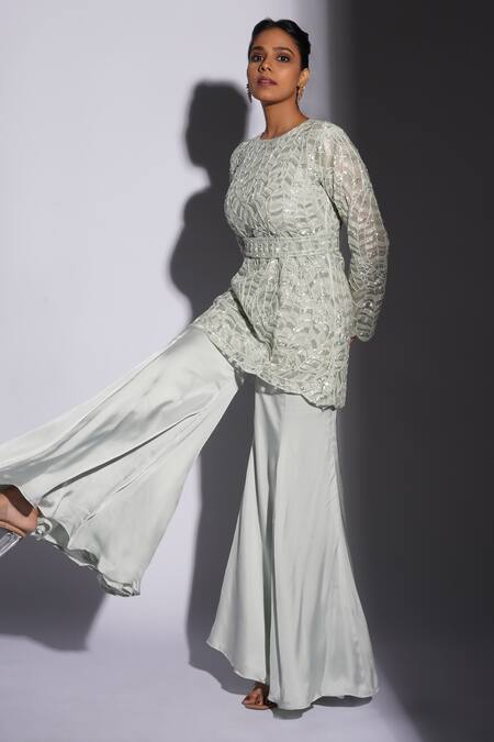 Shop_Ashutosh Joshi_Blue Net, Crepe, Bamboo Embroidery Round Sani Hand Sharara Set With Waist Belt _Online_at_Aza_Fashions