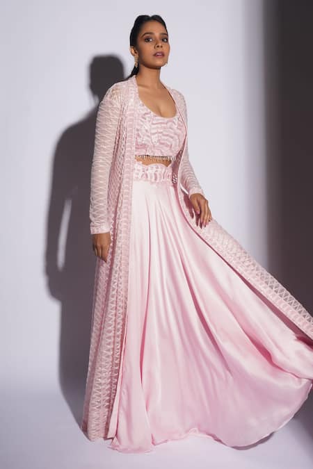 Ashutosh Joshi_Pink Net, Crepe, Bamboo Embroidery Round Neck, Open Amaya Hand Lehenga Cape Set _Online_at_Aza_Fashions