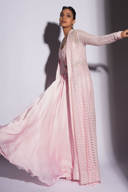 Buy_Ashutosh Joshi_Pink Net, Crepe, Bamboo Embroidery Round Neck, Open Amaya Hand Lehenga Cape Set _Online_at_Aza_Fashions